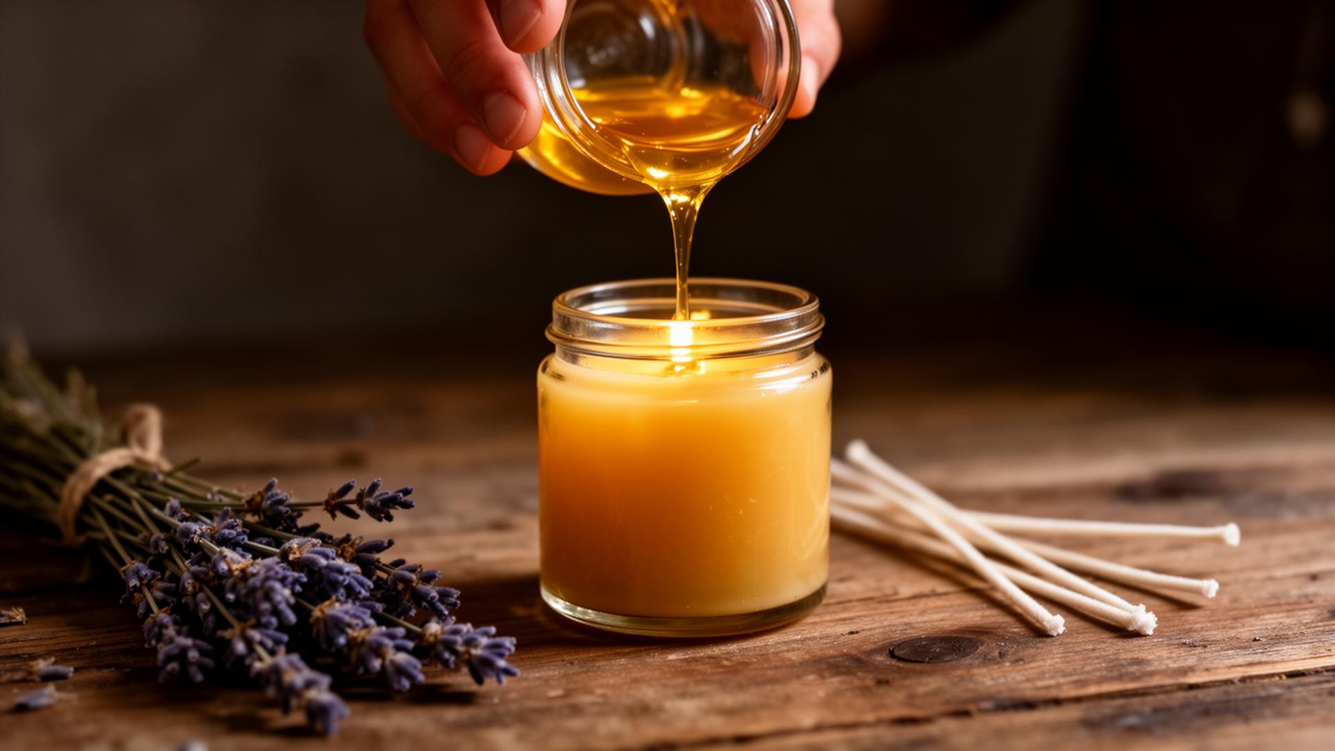 Pouring warm golden wax into a glass candle jar