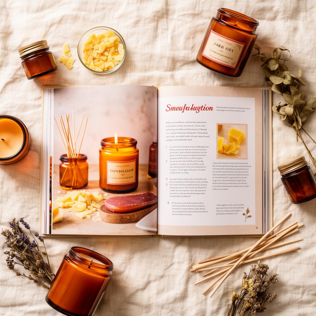 Candle Lab guidebook open on a linen surface with amber candle jars